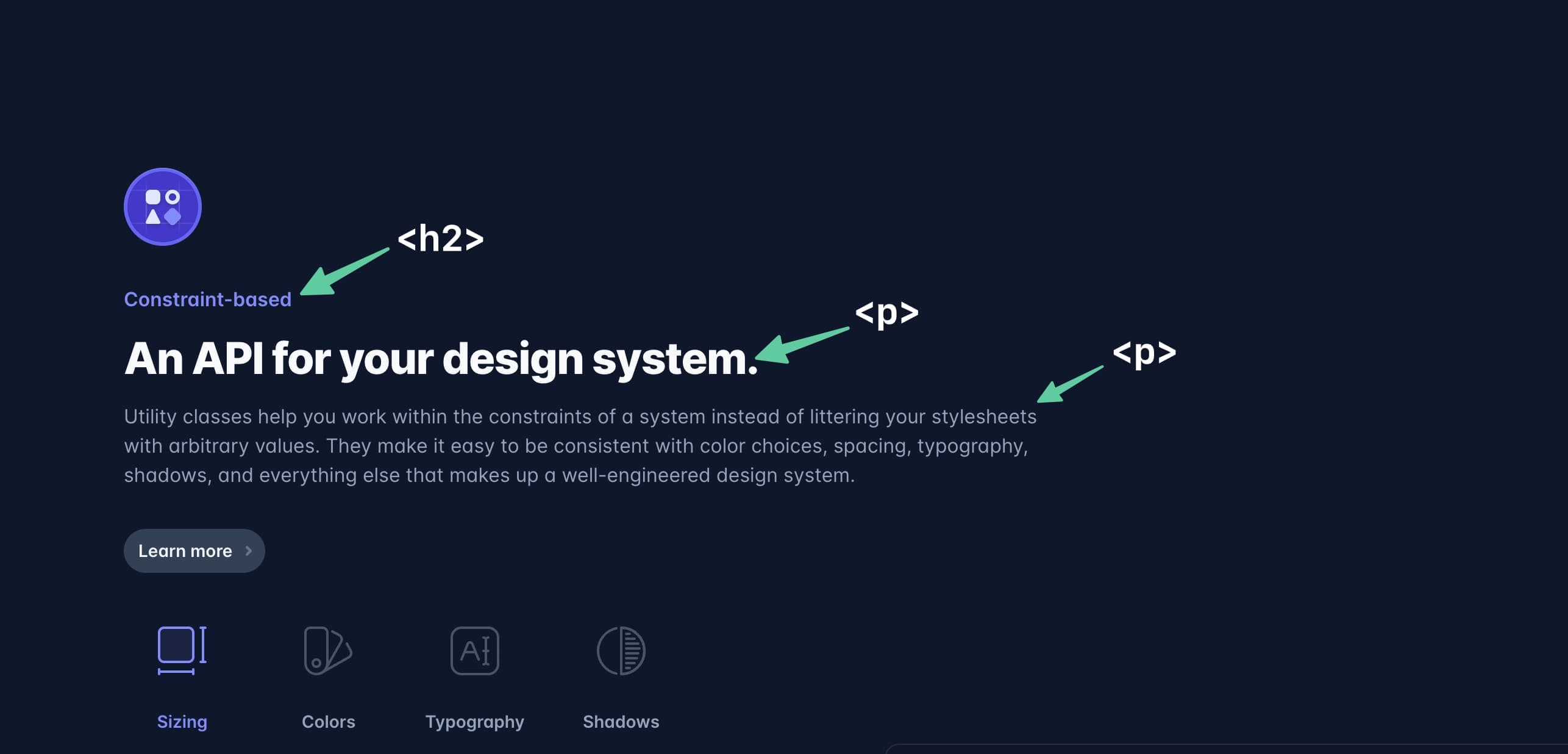 screenshot from Tailwind's landing page, annotated to show that a small heading is an h2 with larger text below it as a p tag